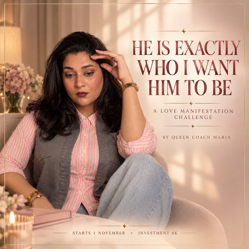 Luxury love manifestation challenge cover by Queen Coach Maria, featuring the “He Is Exactly Who I Want Him to Be” challenge starting 1 November for 6K. A Law of Assumption relationship manifestation challenge focused on desired partner assumptions, love affirmations, mental diet, self-concept, commitment, and manifesting a loving relationship.